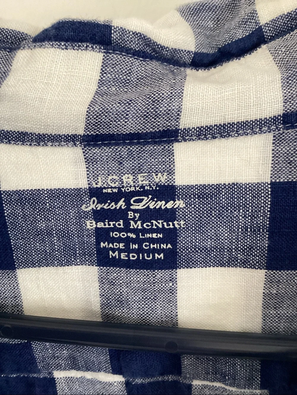 J Crew 100% Linen Men's Blue and White Check Long-Sleeve Shirt